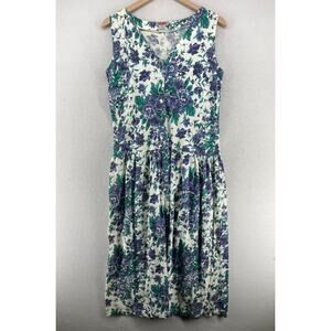 FADS Dress S Floral 90s Tank Popover V-Neck Midi Cotton Jersey Purple VTG